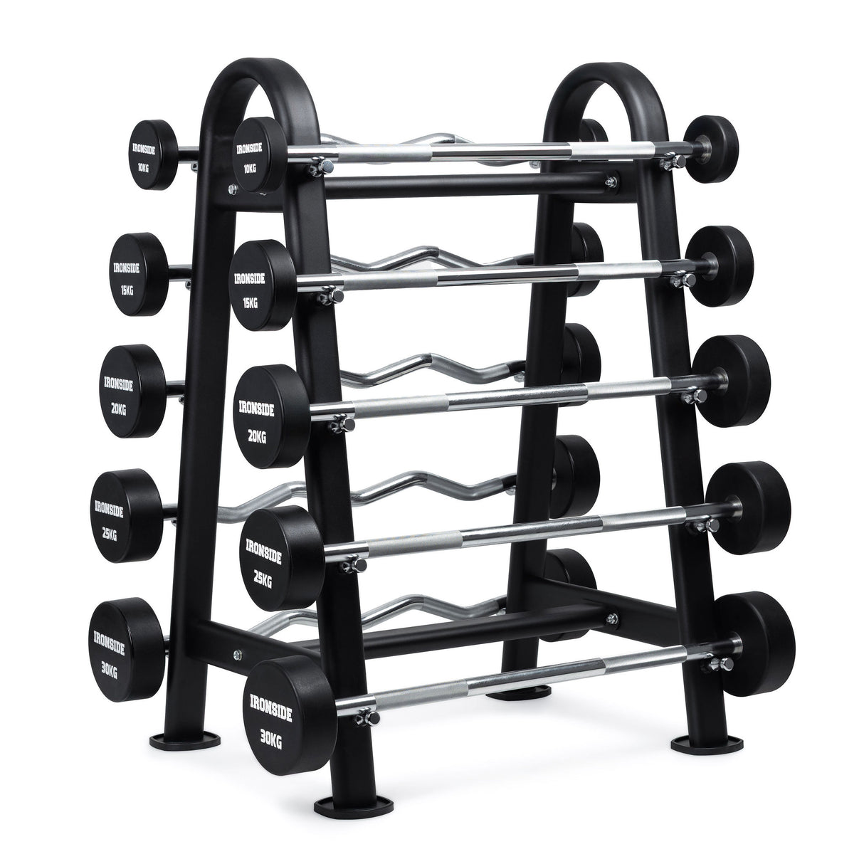 Set 10 Barras Mixtas Precargadas 10 a 30kg + Rack de Almacenamiento IRONSIDE