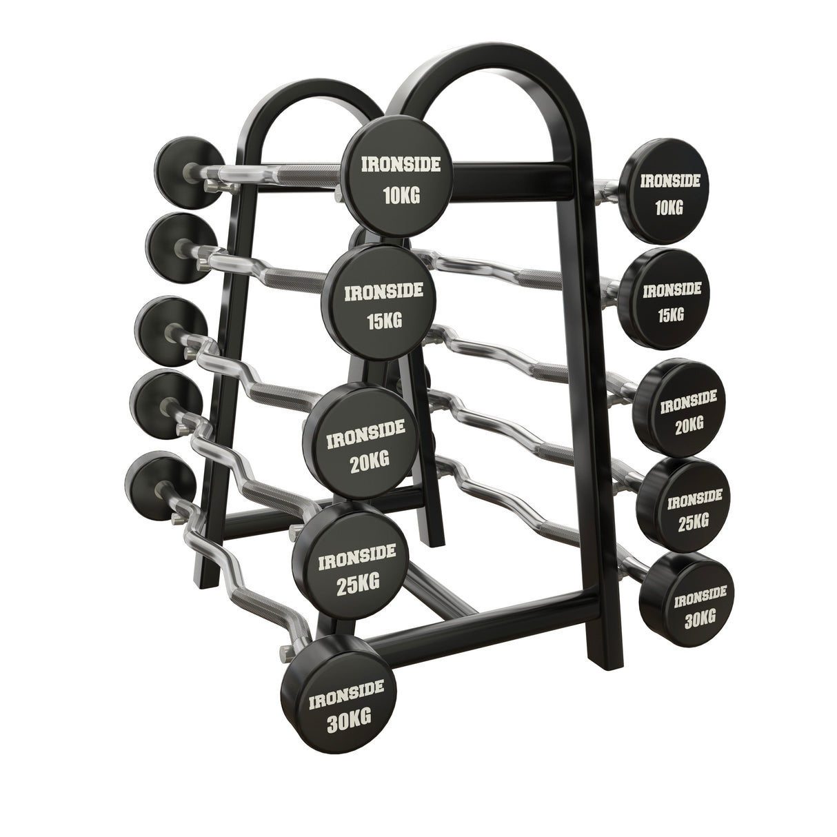Set 10 Barras EZ Precargadas 10 a 30kg + Rack de Almacenamiento IRONSIDE
