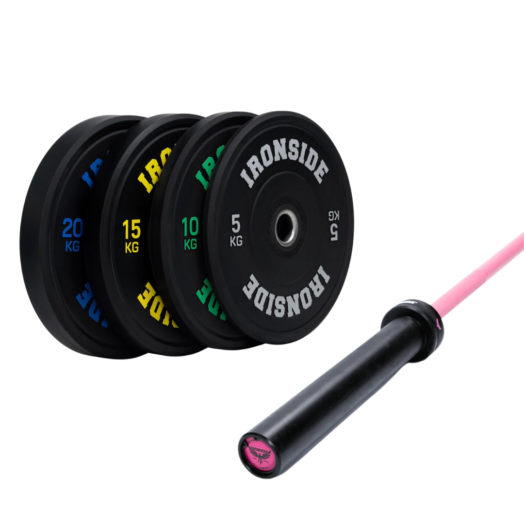 Pack IRONSIDE Barra Rosada Phoenix Cerakote 15 kg + Set Discos PRO 100 kg o 150 kg