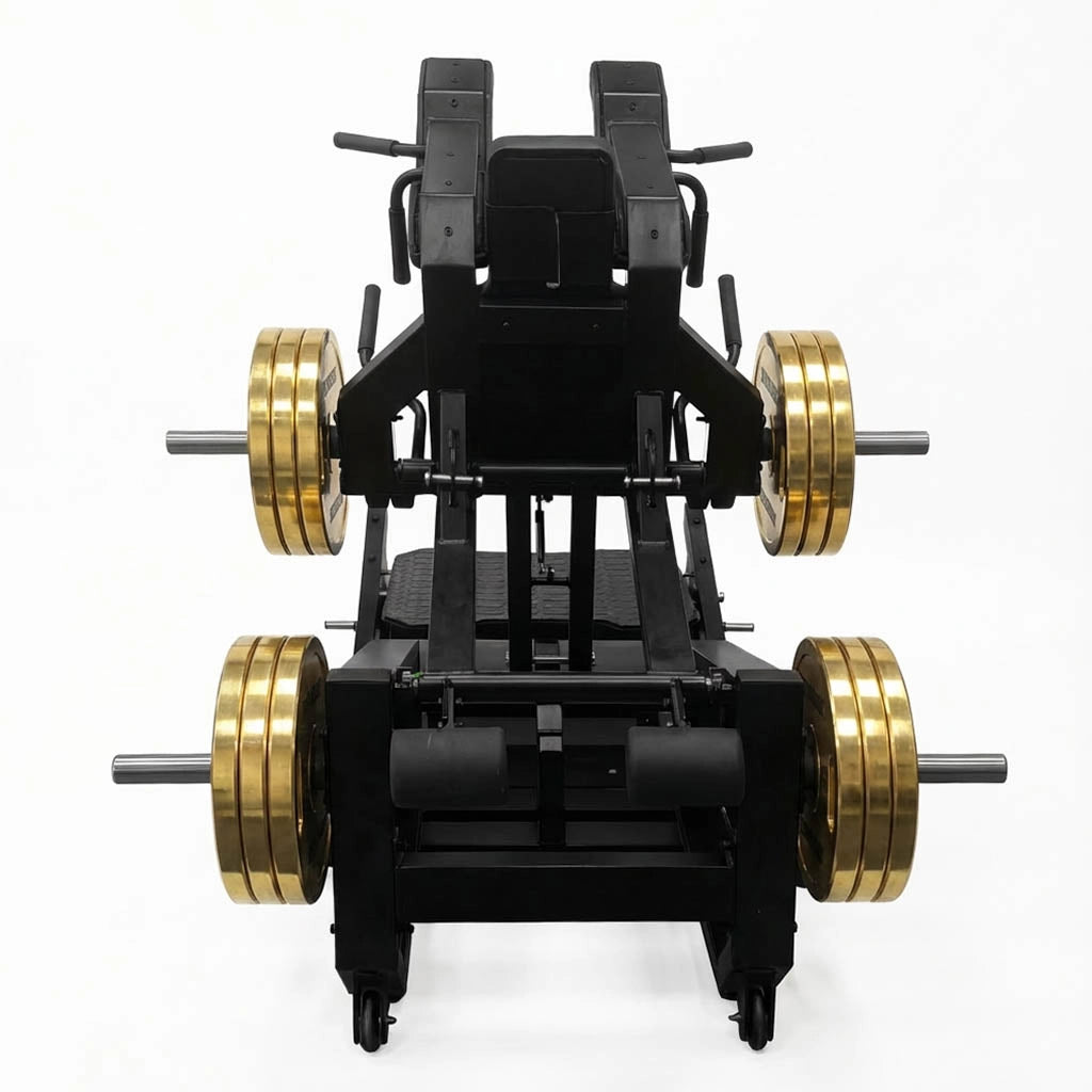 V-Squat plate loaded de alta estabilidad para activar cuádriceps y glúteo con menor impacto articular. Diseño comercial, trayectoria guiada y capacidad de 120kg