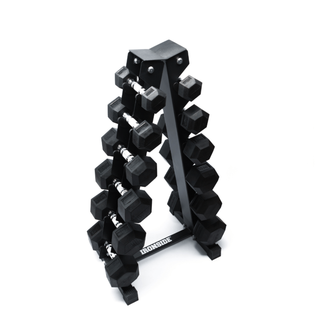 Rack + 210Kg Mancuernas Hexagonales IRONSIDEMANCUERNASIRONSIDEColor: Negro