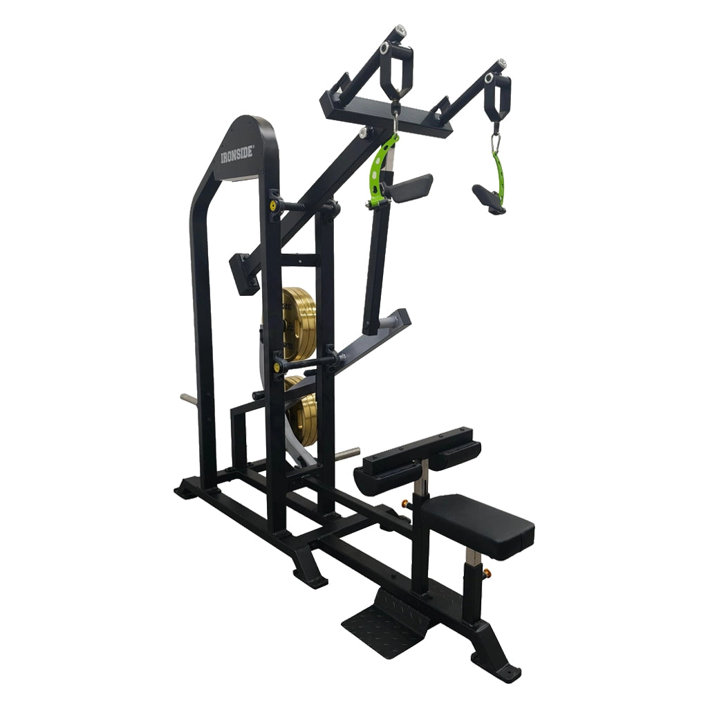 Lat Pulldown plate loaded profesional con manillas rotatorias, brazos ajustables y alta estabilidad para tracción vertical precisa en uso comercial intensivo.
