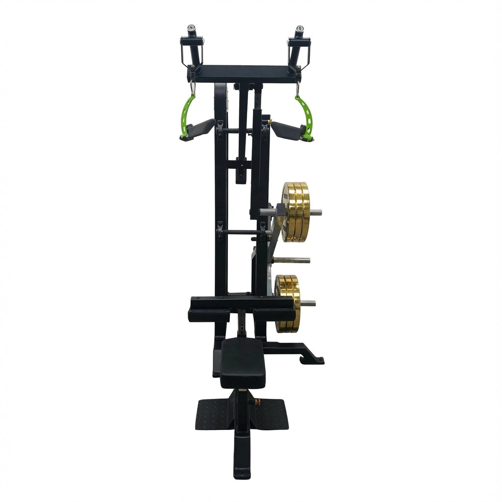 Lat Pulldown plate loaded profesional con manillas rotatorias, brazos ajustables y alta estabilidad para tracción vertical precisa en uso comercial intensivo.