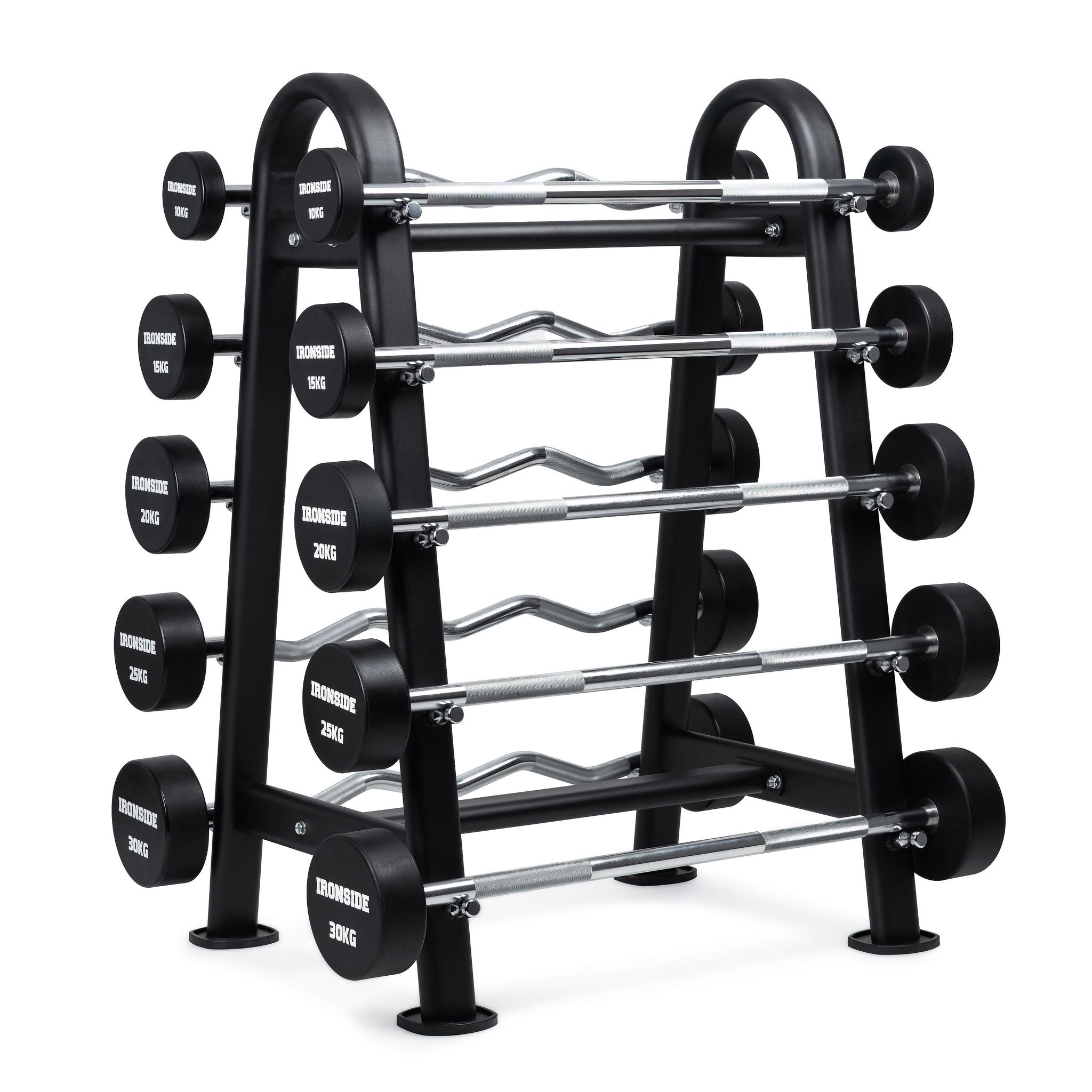 Set 10 Barras Mixtas Precargadas 10 a 30kg + Rack de Almacenamiento IRONSIDE