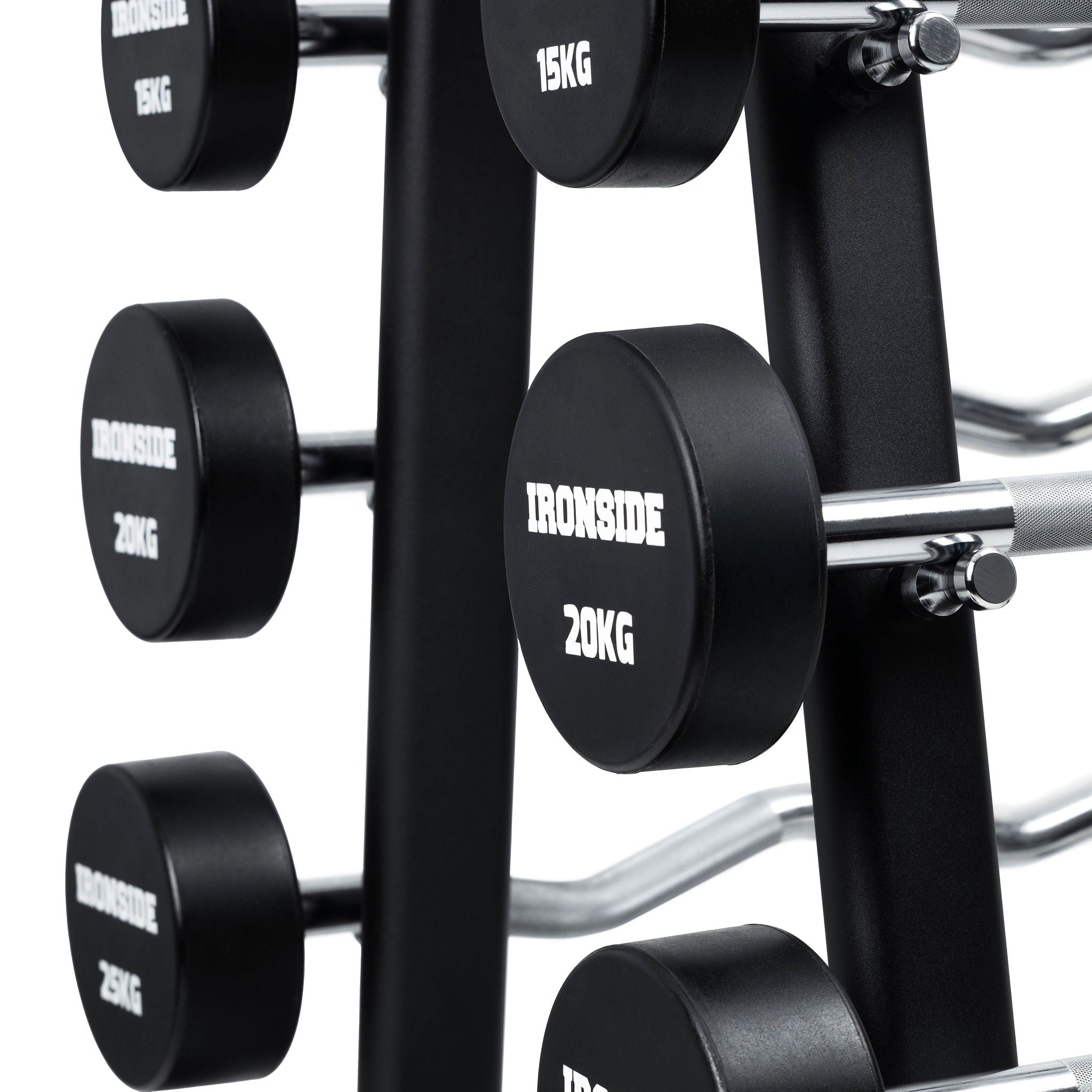 Set 10 Barras Mixtas Precargadas 10 a 30kg + Rack de Almacenamiento IRONSIDE