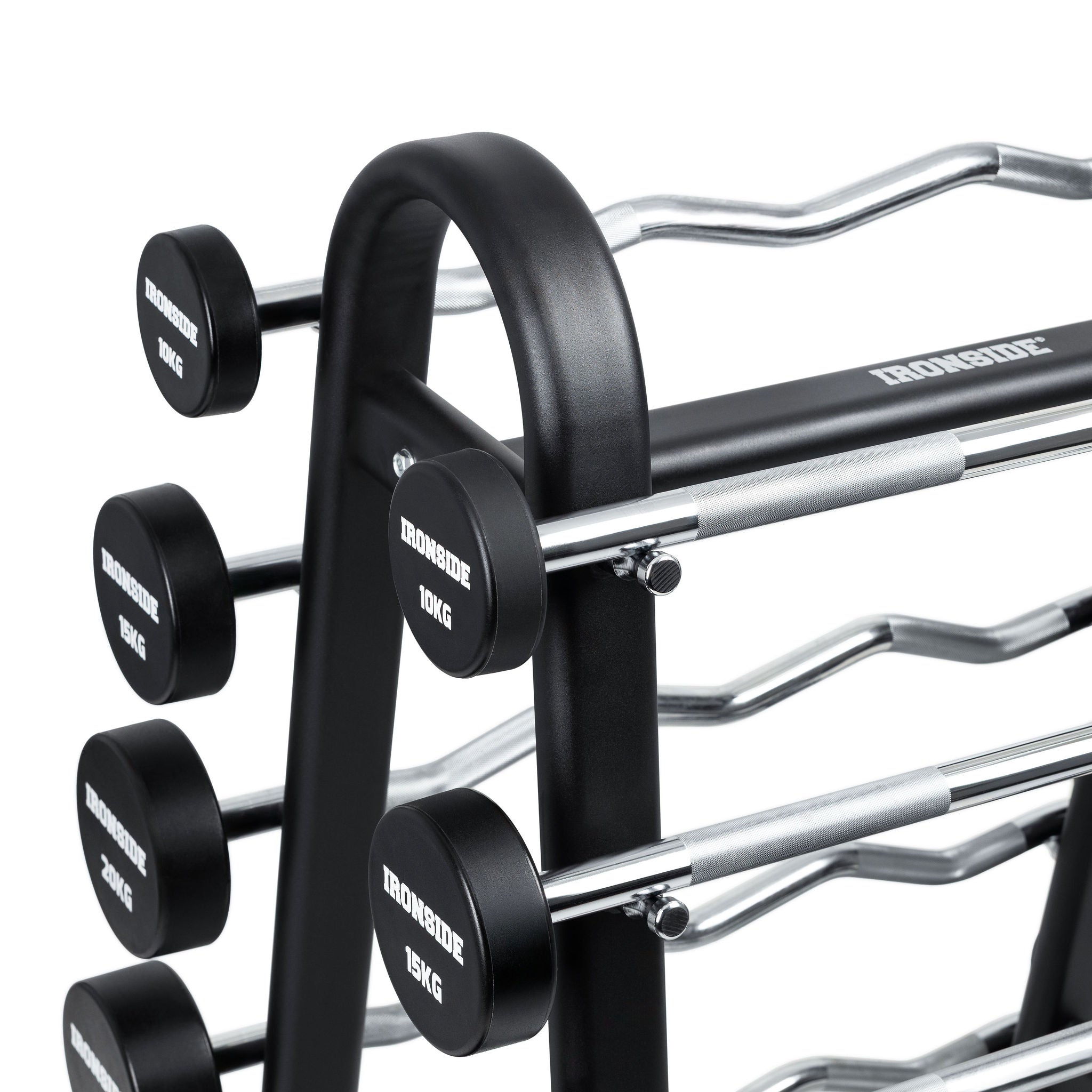 Set 10 Barras Mixtas Precargadas 10 a 30kg + Rack de Almacenamiento IRONSIDE