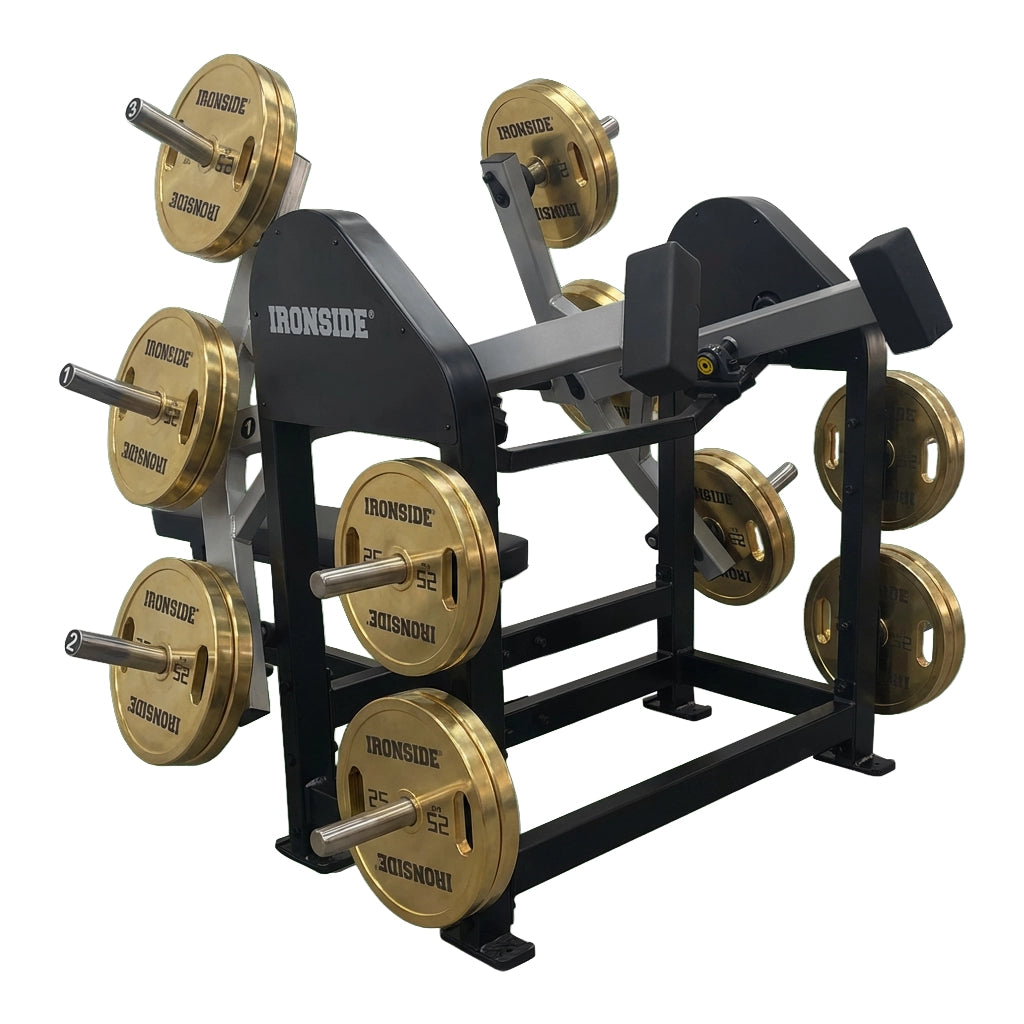 Chest Press plate loaded con ajustes de respaldo, doble agarre y brazos independientes para un empuje estable, progresivo y adaptable en gimnasios de alto uso.