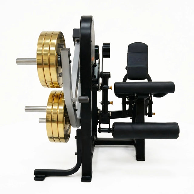 Máquina dual comercial de extensión y curl de pierna con ajustes multipunto, transición rápida, carga de 150kg y biomecánica precisa para entrenamiento avanzado.
