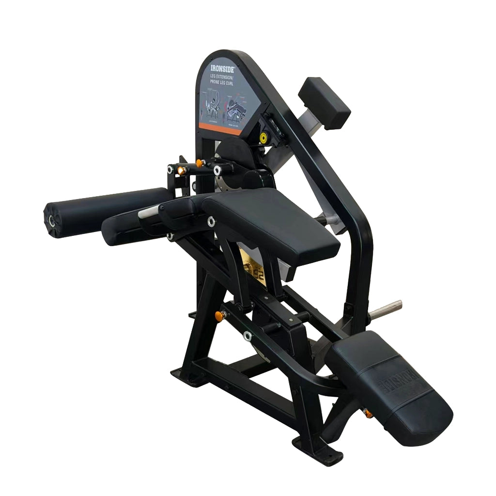 Máquina dual comercial de extensión y curl de pierna con ajustes multipunto, transición rápida, carga de 150kg y biomecánica precisa para entrenamiento avanzado.