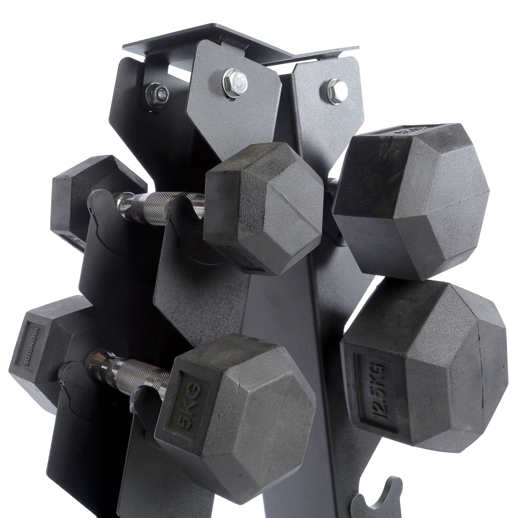 Set IRONSIDE 105Kg Mancuernas Hexagonales 2.5kg - 15 Kg + Rack de Almacenamiento Triangular