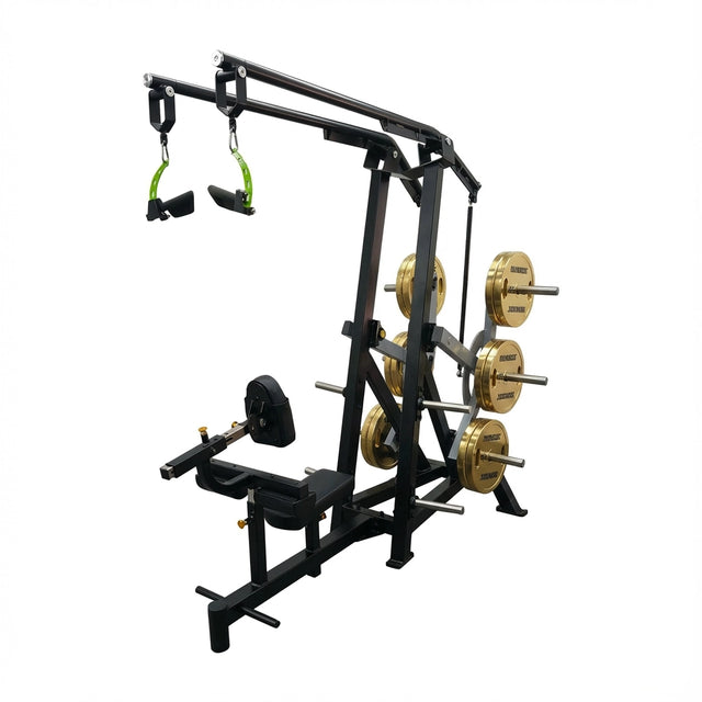 Iso Lateral Front Lat Pull Down plate loaded con Torque Arm para ajustar perfil de resistencia, tracción unilateral estable y ajustes multipunto para dorsal.