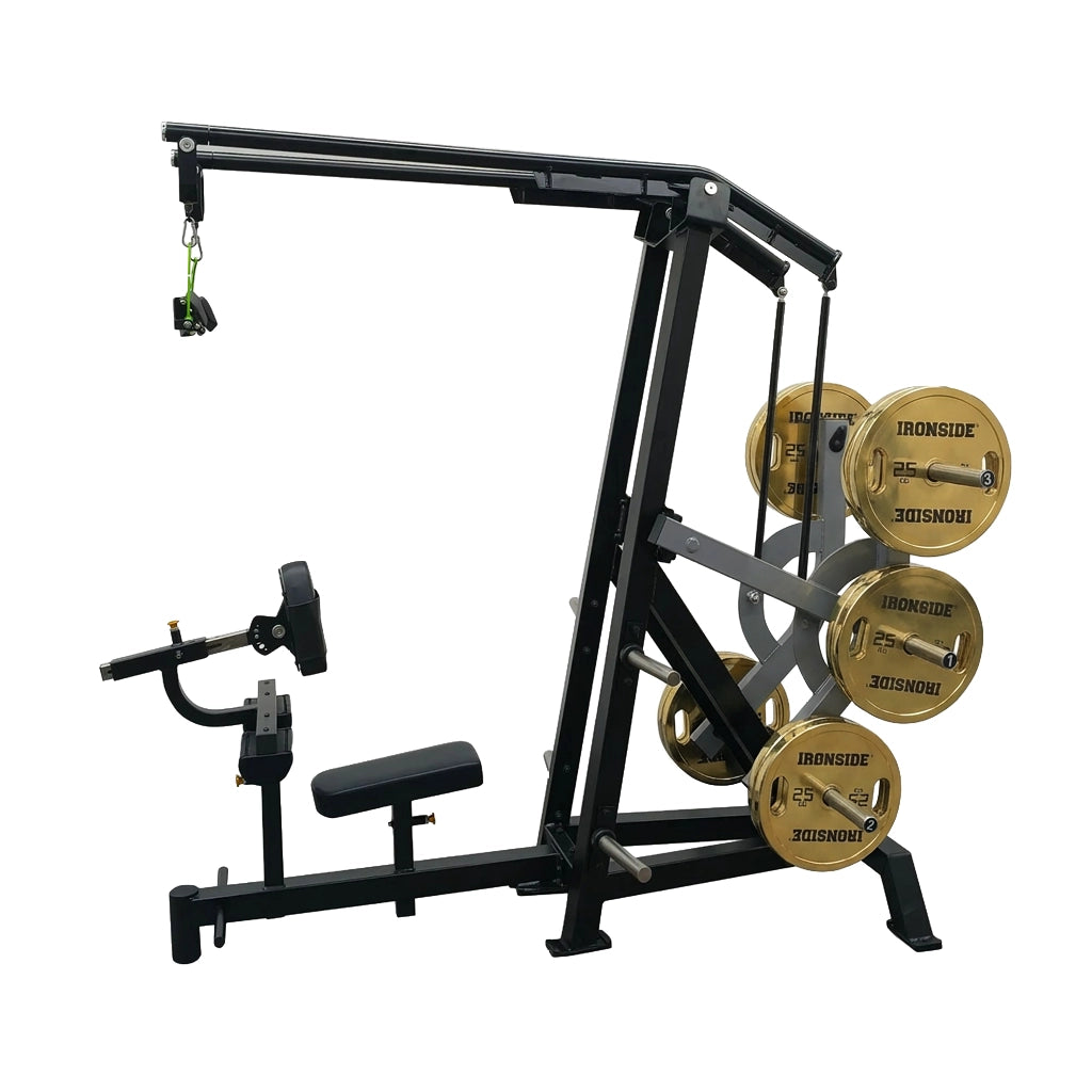 Iso Lateral Front Lat Pull Down plate loaded con Torque Arm para ajustar perfil de resistencia, tracción unilateral estable y ajustes multipunto para dorsal.