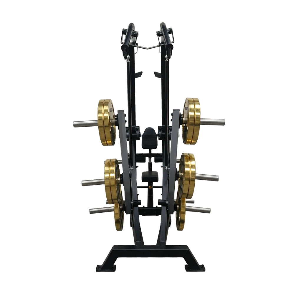 Iso Lateral Front Lat Pull Down plate loaded con Torque Arm para ajustar perfil de resistencia, tracción unilateral estable y ajustes multipunto para dorsal.
