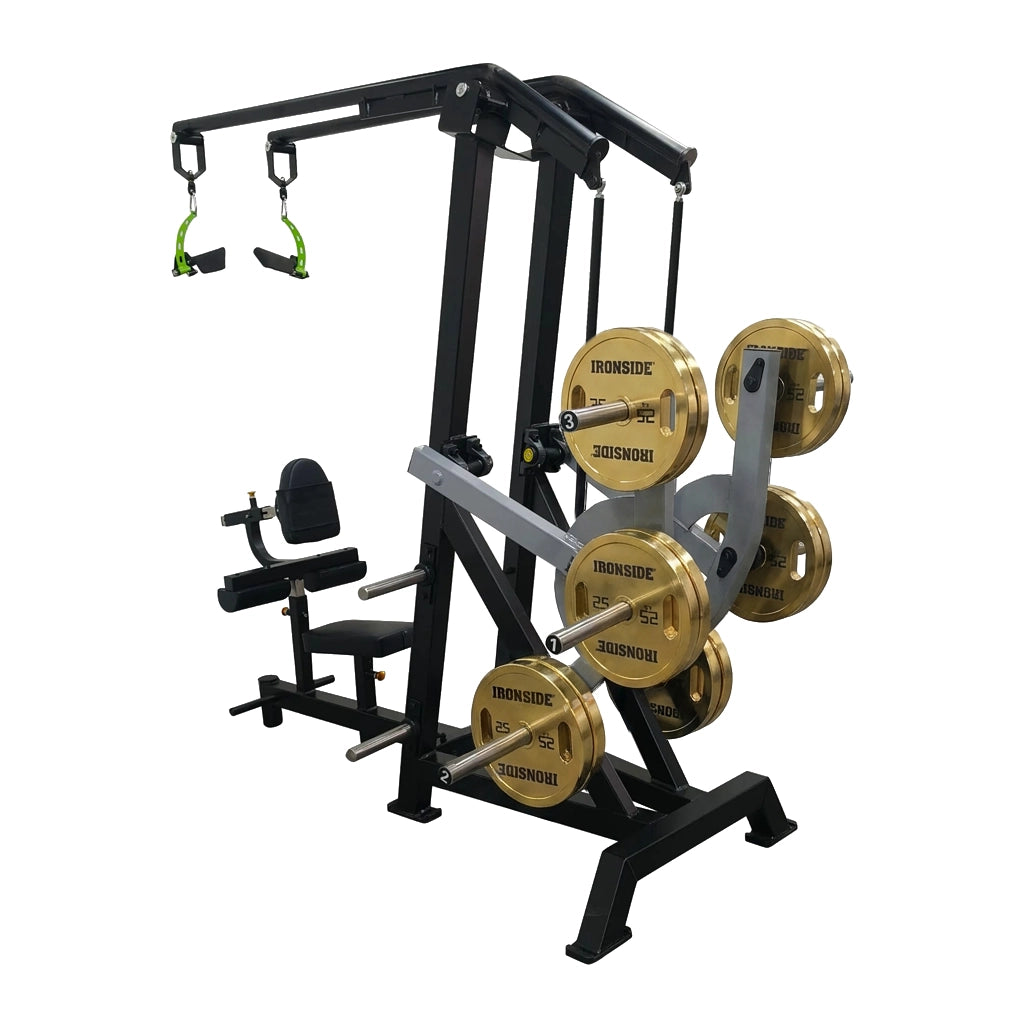 Iso Lateral Front Lat Pull Down plate loaded con Torque Arm para ajustar perfil de resistencia, tracción unilateral estable y ajustes multipunto para dorsal.
