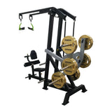 Iso Lateral Front Lat Pull Down plate loaded con Torque Arm para ajustar perfil de resistencia, tracción unilateral estable y ajustes multipunto para dorsal.