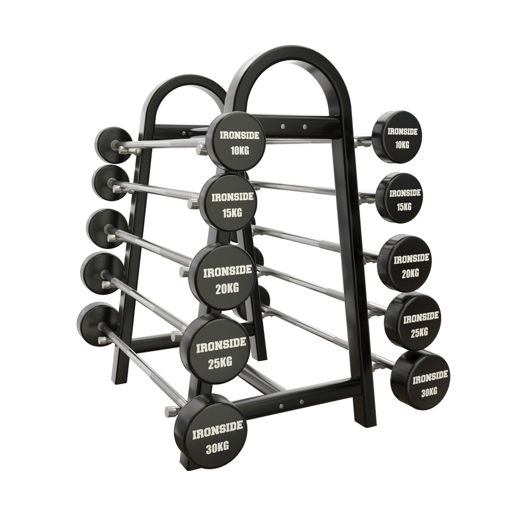 Set 10 Barras Rectas Precargadas 10 a 30kg + Rack de Almacenamiento IRONSIDE