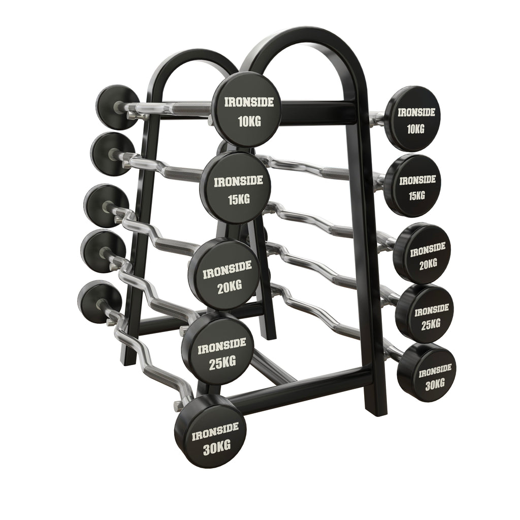 Set 10 Barras EZ Precargadas 10 a 30kg + Rack de Almacenamiento IRONSIDE
