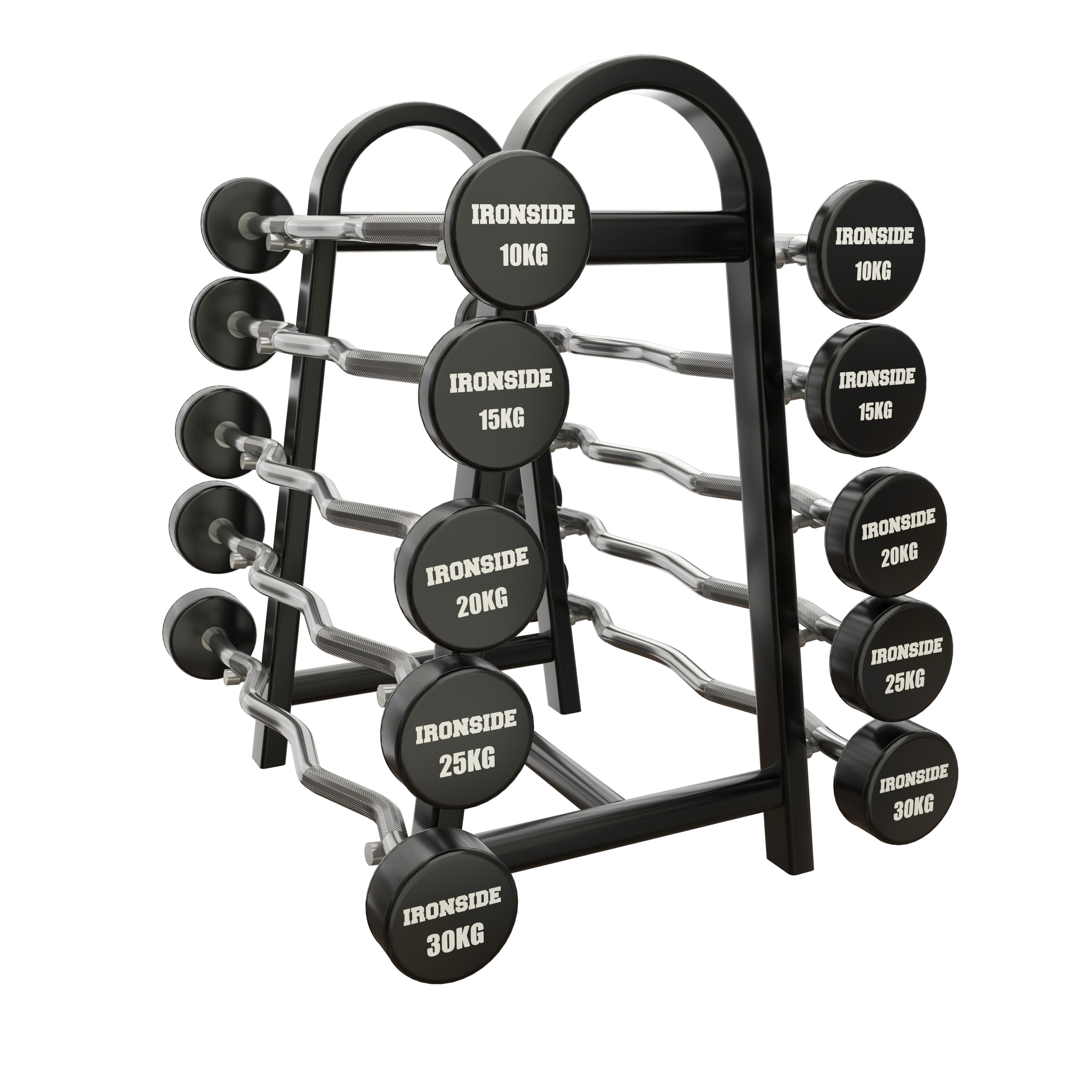Set 10 Barras EZ Precargadas 10 a 30kg + Rack de Almacenamiento IRONSIDE