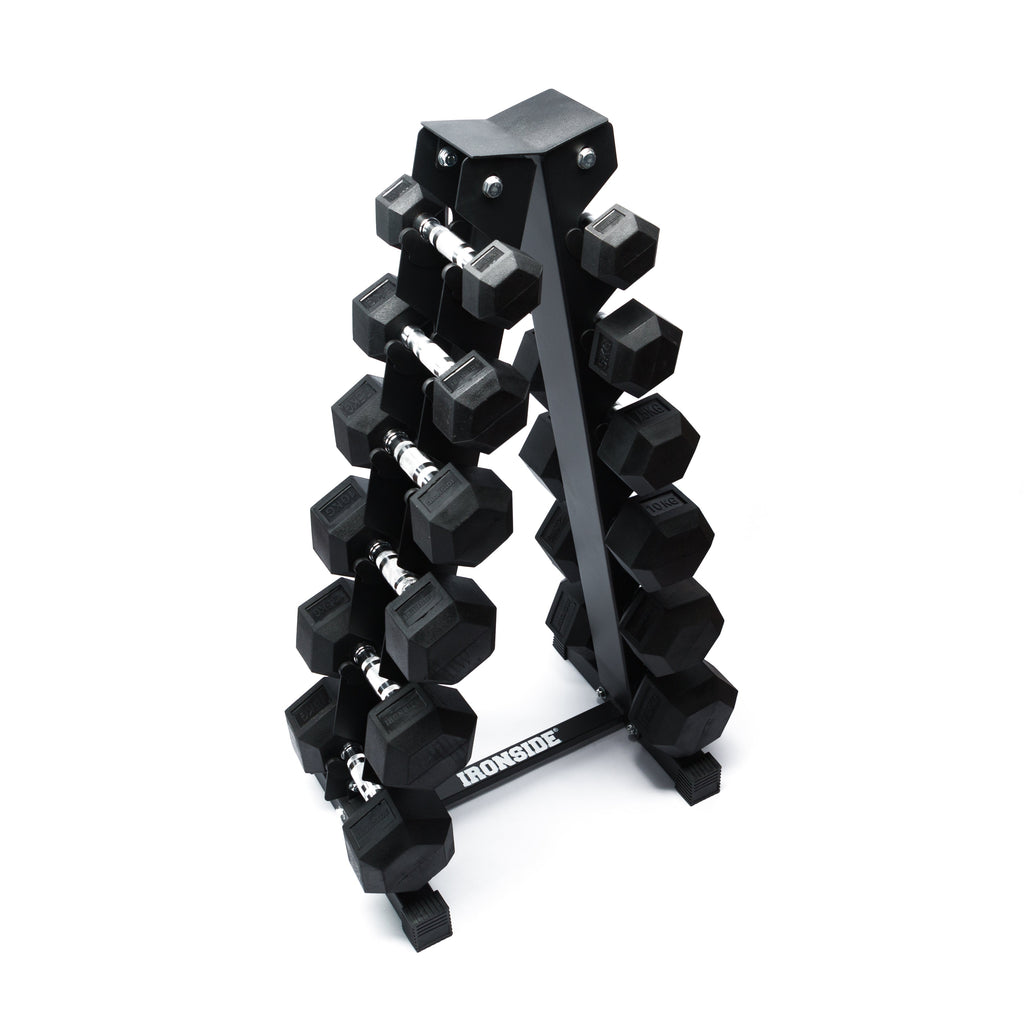 Set IRONSIDE 105Kg Mancuernas Hexagonales 2.5kg - 15 Kg + Rack de Almacenamiento Triangular