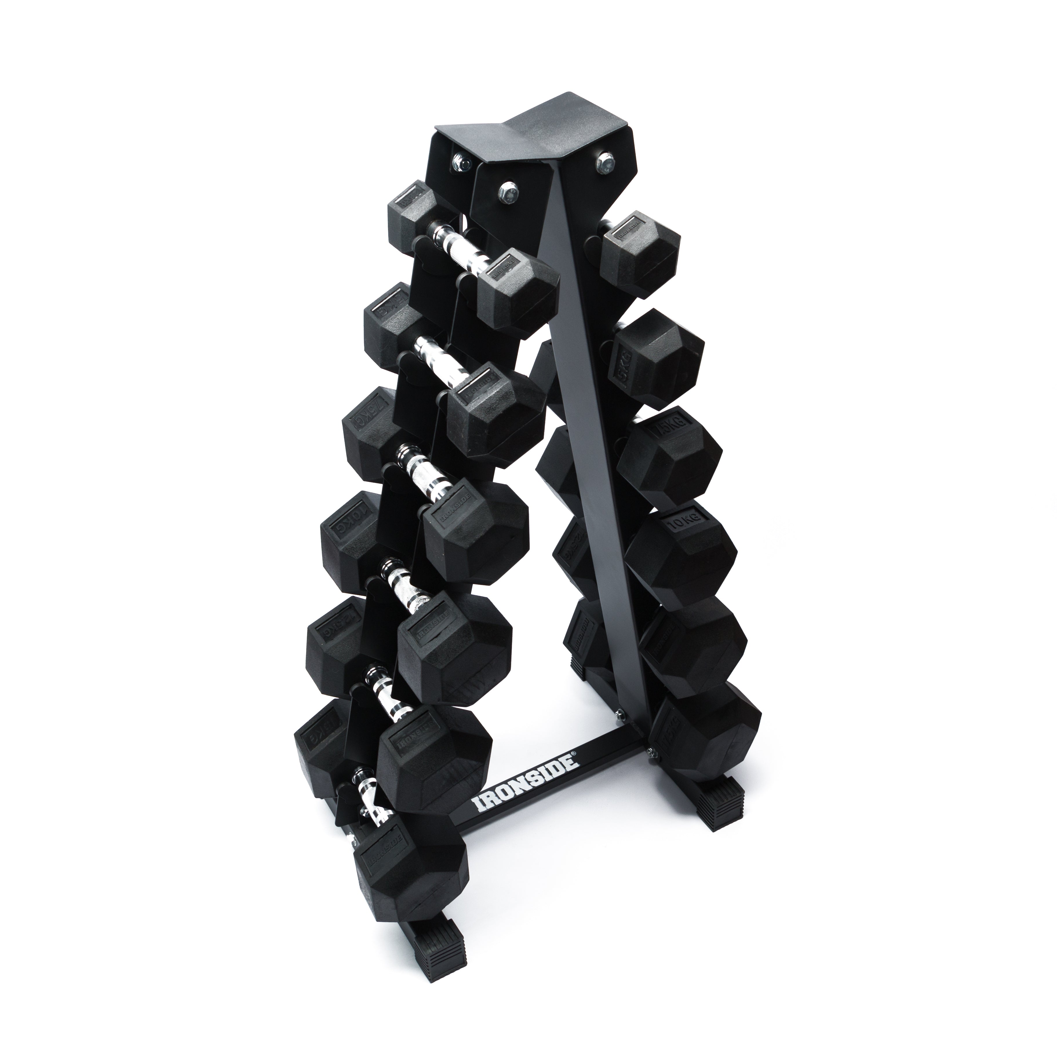 Set IRONSIDE 105Kg Mancuernas Hexagonales 2.5kg - 15 Kg + Rack de Almacenamiento Triangular