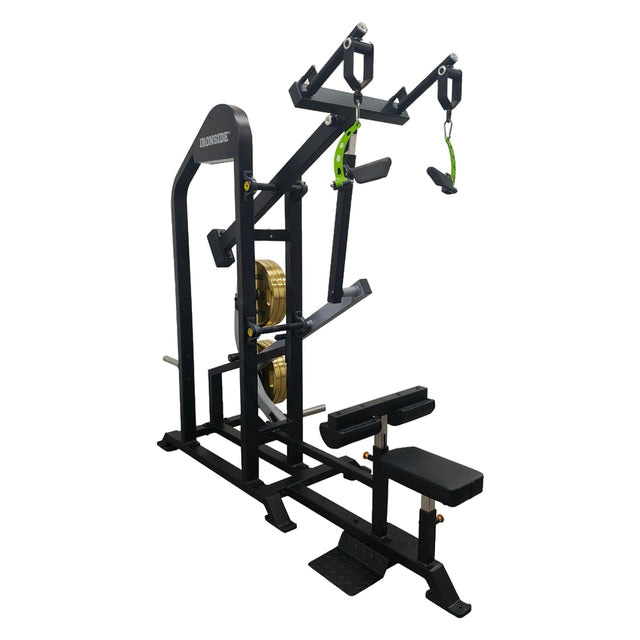 Lat Pulldown plate loaded profesional con manillas rotatorias, brazos ajustables y alta estabilidad para tracción vertical precisa en uso comercial intensivo.