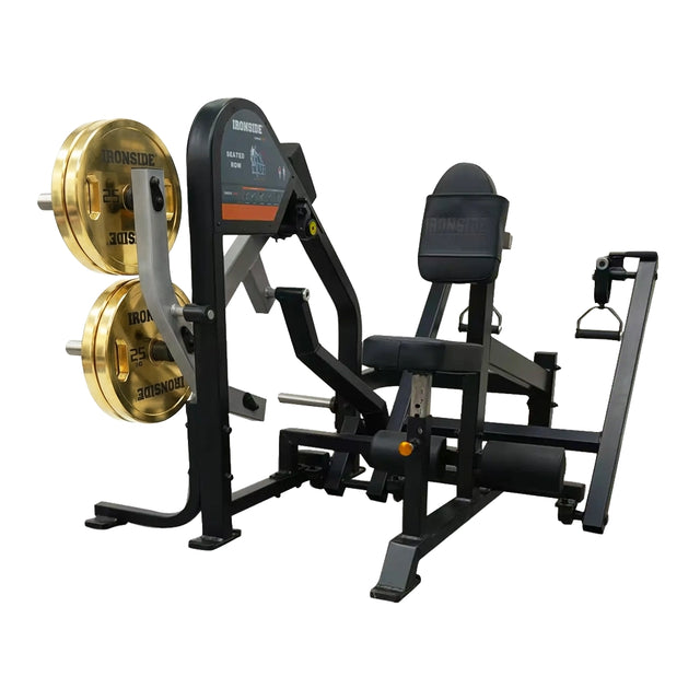 Seated Row comercial con ajustes ergonómicos, resistencia modulable y movimiento estable para entrenar la espalda con técnica, control y activación profunda.