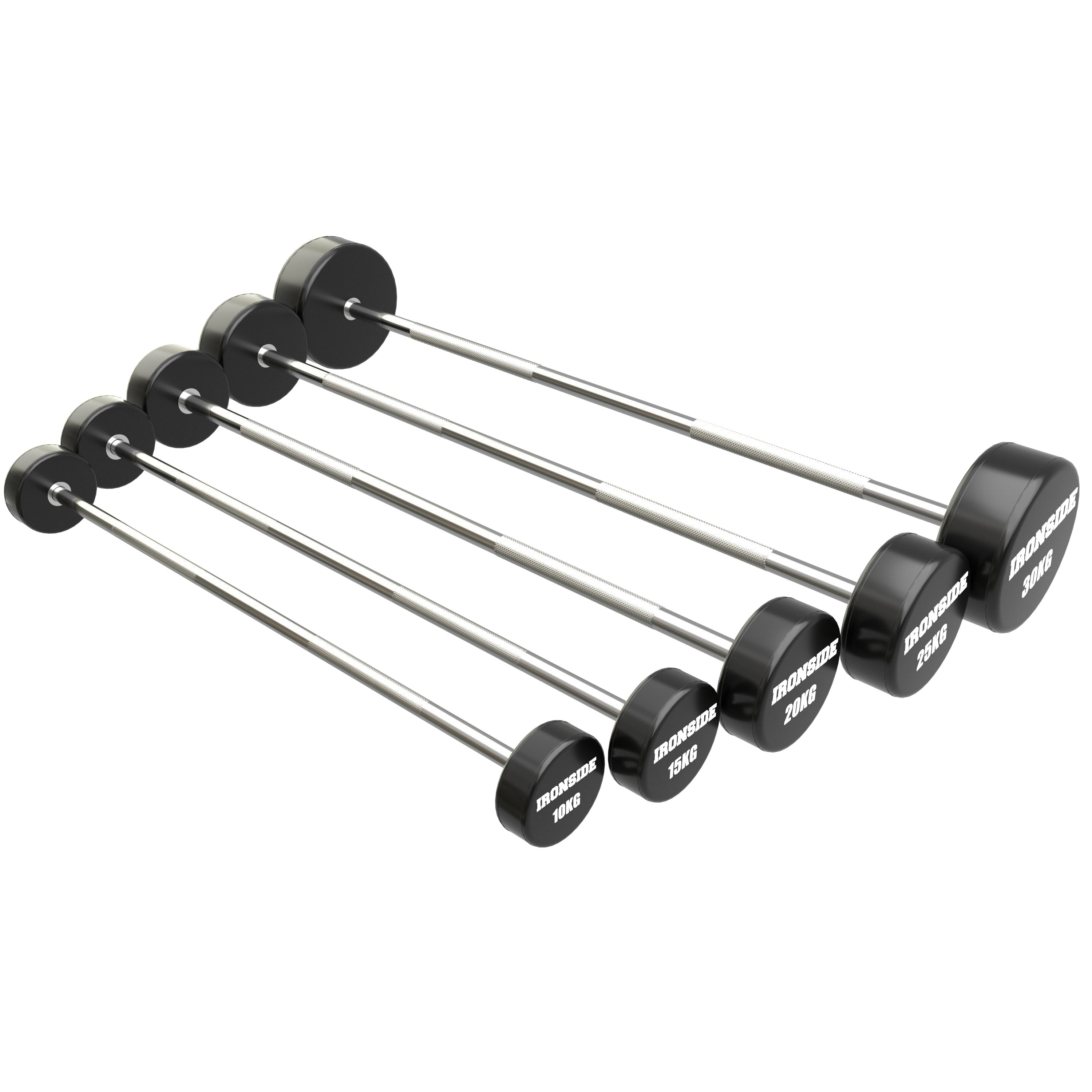 Set 10 Barras Rectas Precargadas 10 a 30kg + Rack de Almacenamiento IRONSIDE